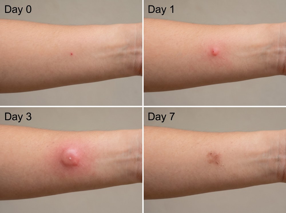 Four panel progression photo showing an Asian tiger mosquito bite fading from Day 0 through Day 7 on skin